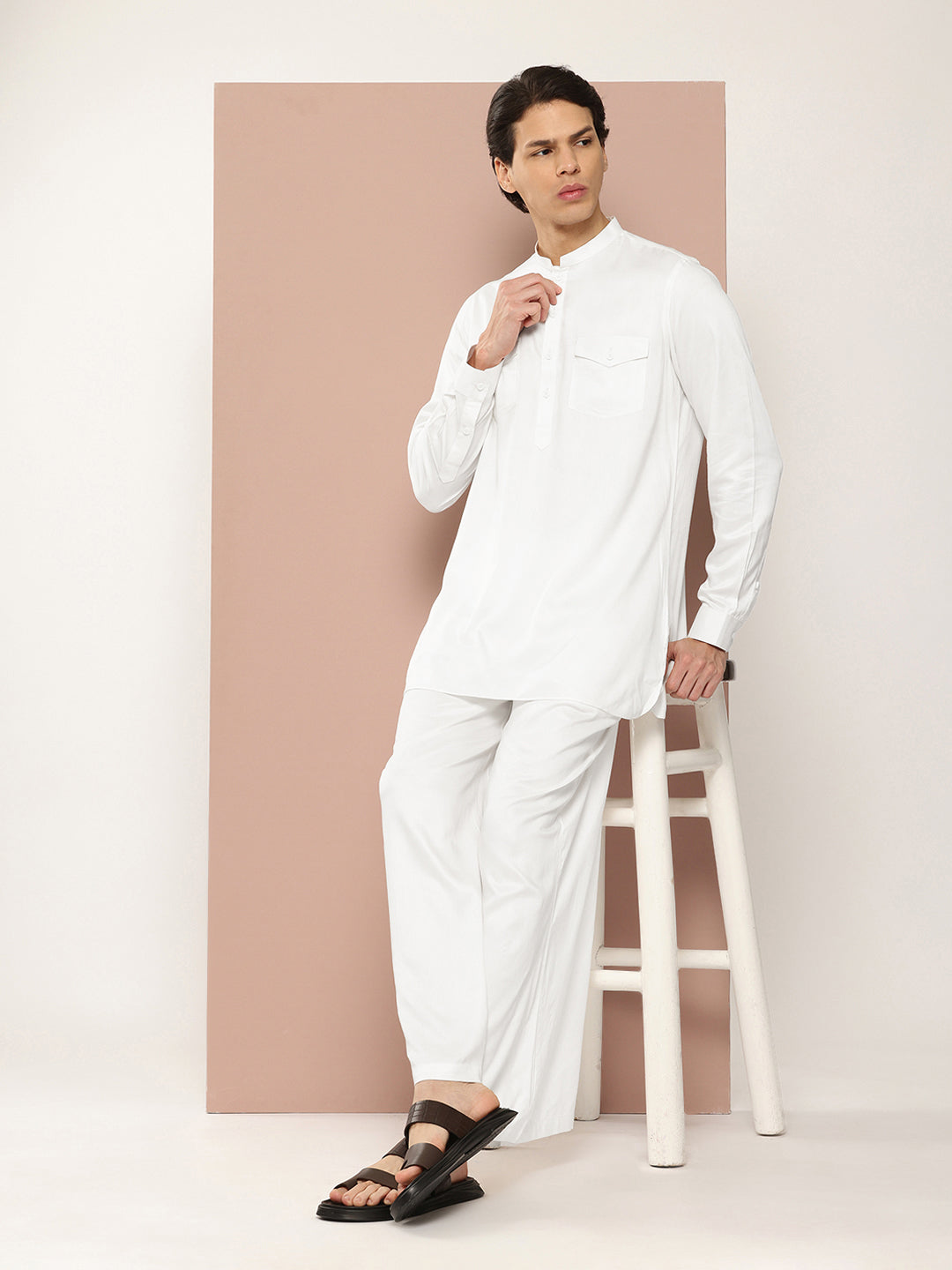 Men White Rayon Solid Pathani Sets