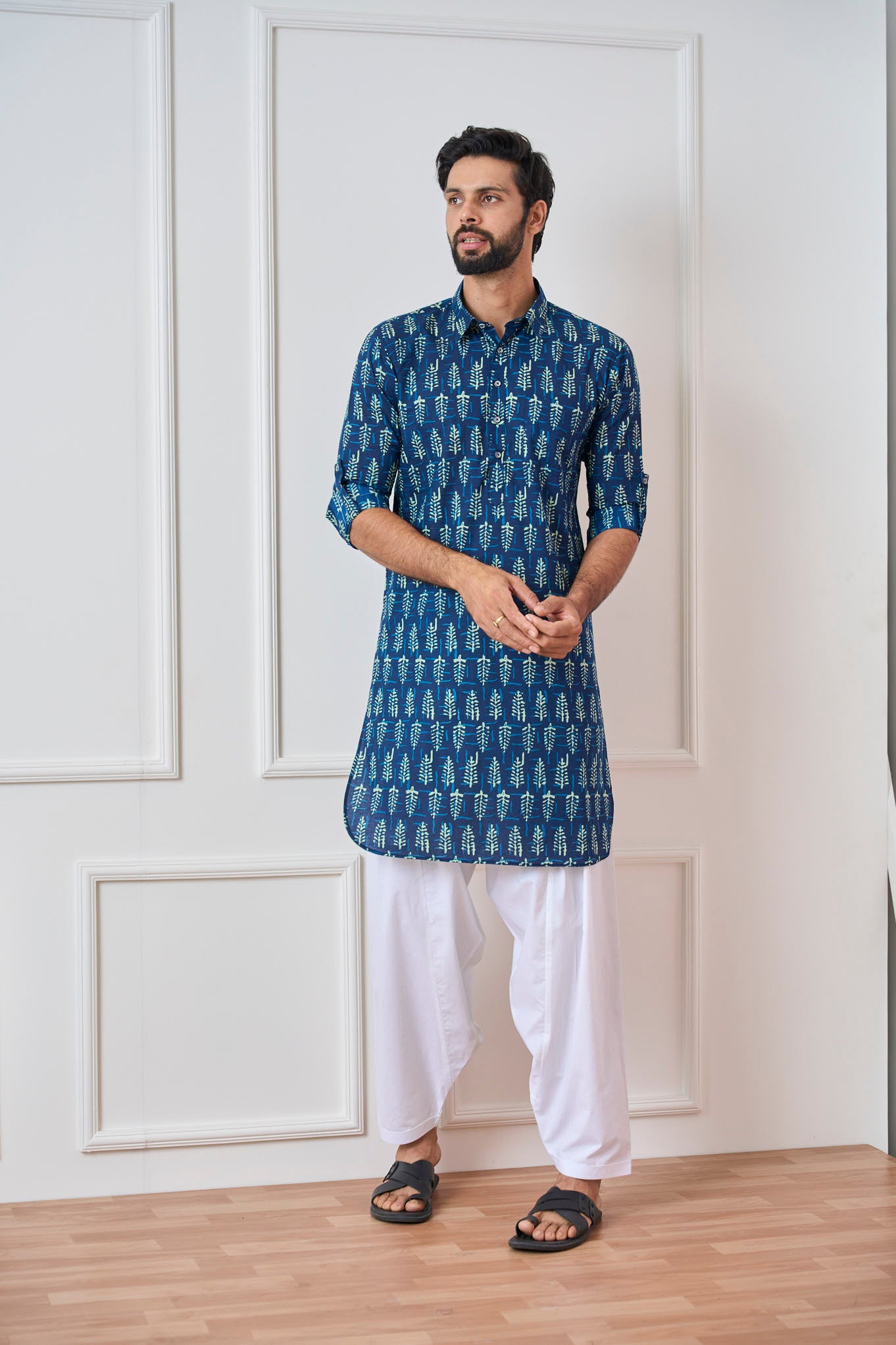 Riwaat.com Men Indigo Regular Pure Cotton Pathani Kurta Riwaat Floral Pathani