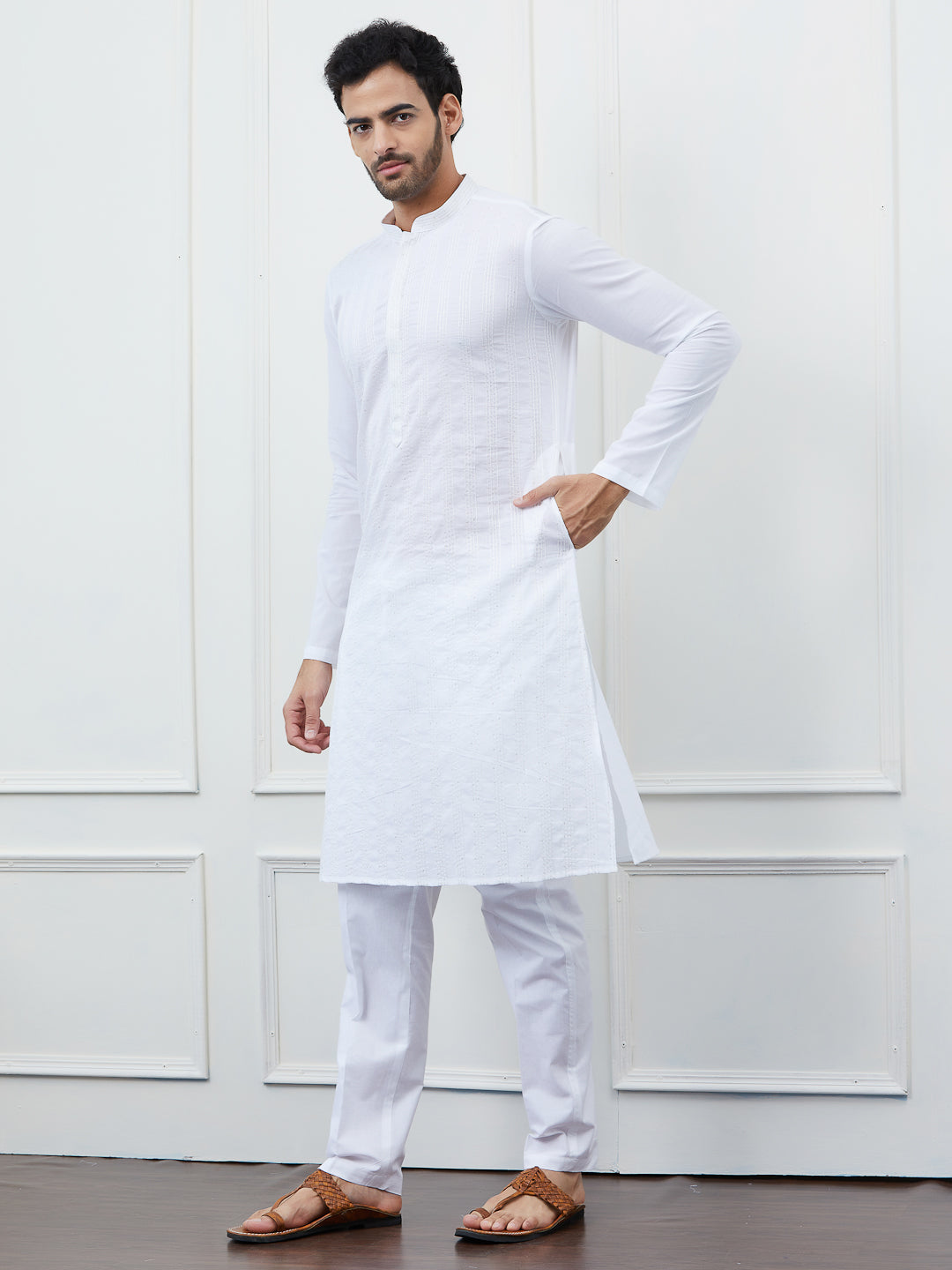 Men White Cotton Kurta with Sequence Thread Work