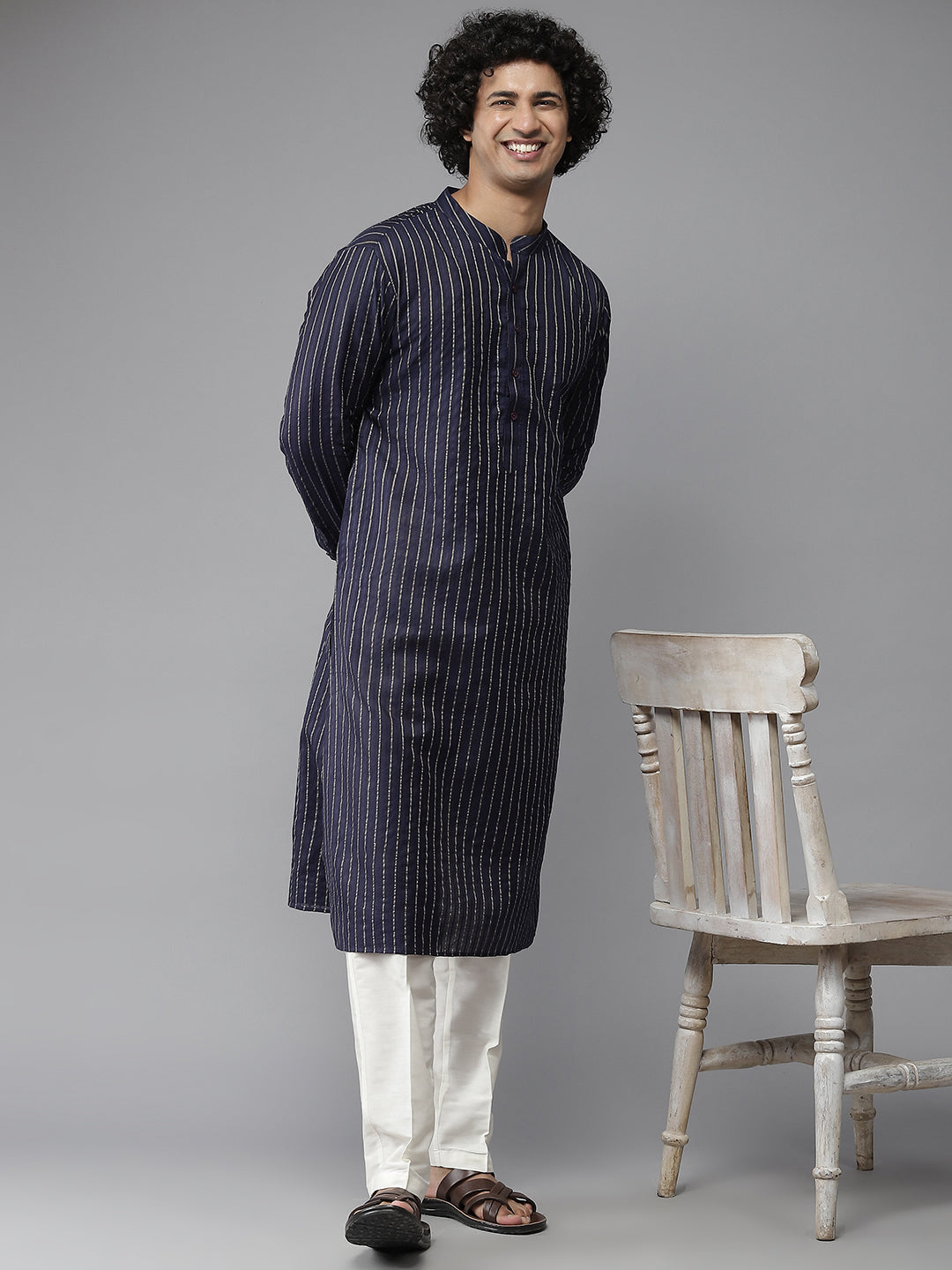 Men Deep Navy Blue with Golden Stripes Woven Design Kurta With Pajama