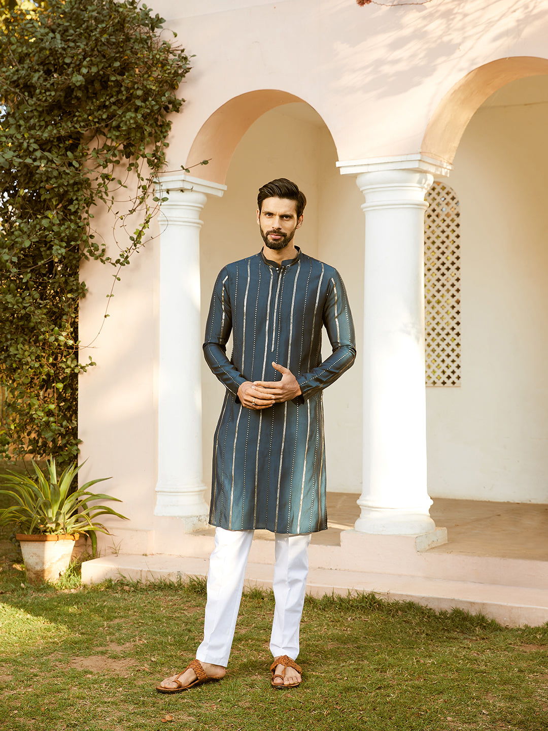 Men Sapphire Stripe Chanderi Silk Sequins Kurta