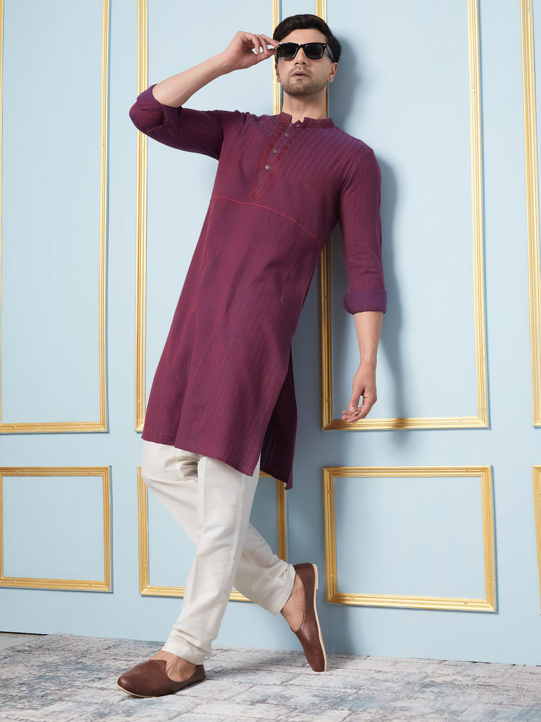 Riwaat.com Men Burgundy & Red Thread Work Embroidery Cotton Silk Kurta Riwaat Embroidered