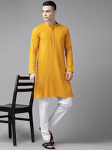 Men Mustard Floral Embroidered Sequin Rayon Kurta