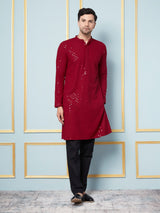 Men Crimson Majesty Embroidered Sequined Rayon Kurta