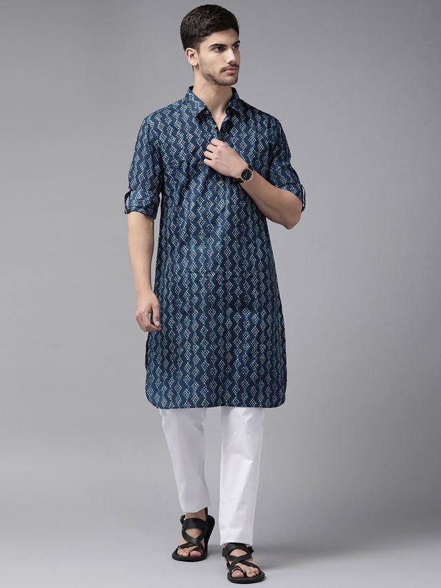 Men Indigo Regular Pure Cotton Pathani Printed Men's Kurta