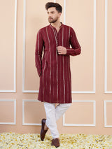 Men Burgundy And Gold Chanderi Silk Sequins Kurta