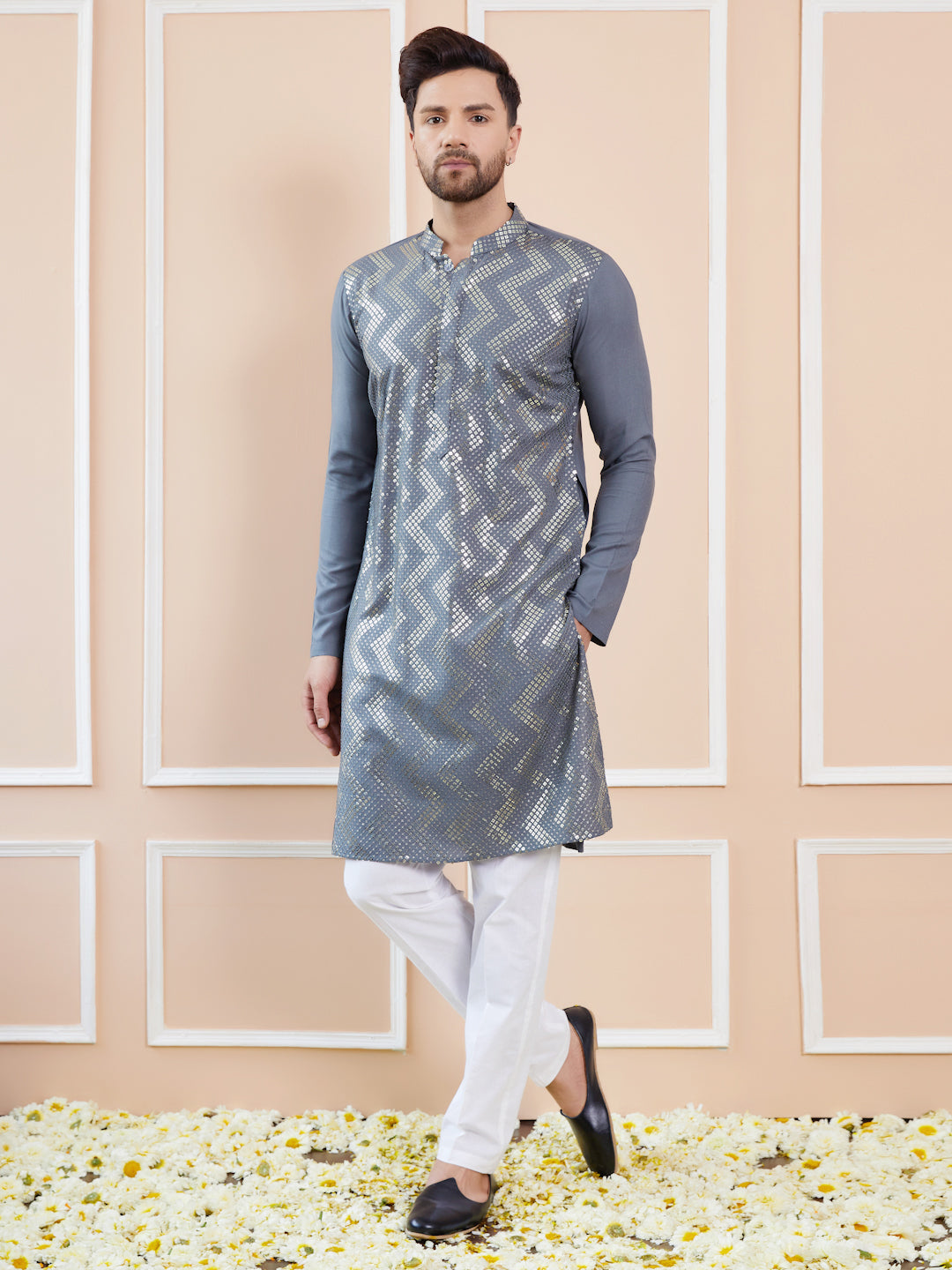 Men Grey And Gold Rayon Embroidery Sequins Kurta