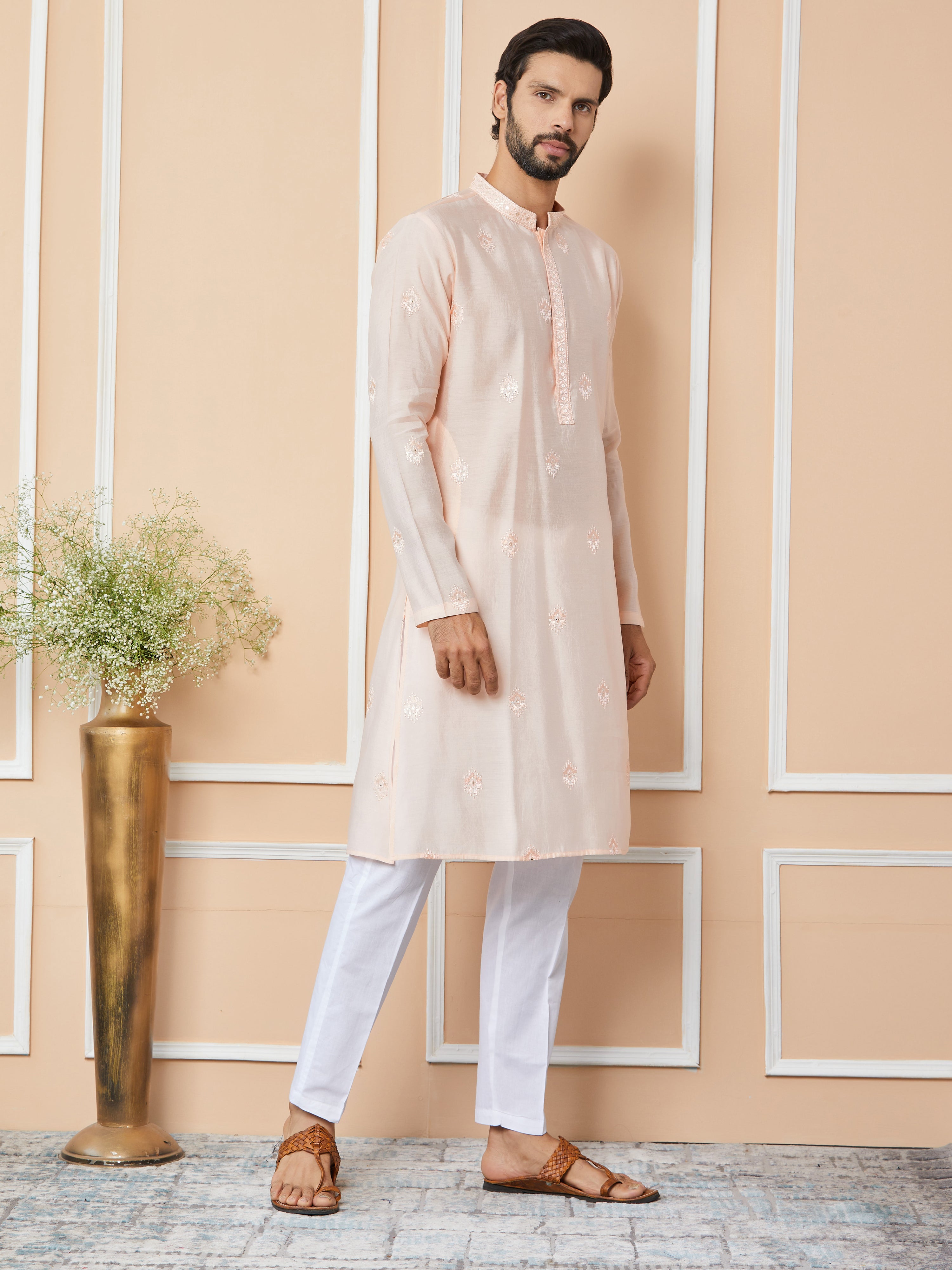 Peach Embroidered Pure Chanderi Silk Straight Kurta