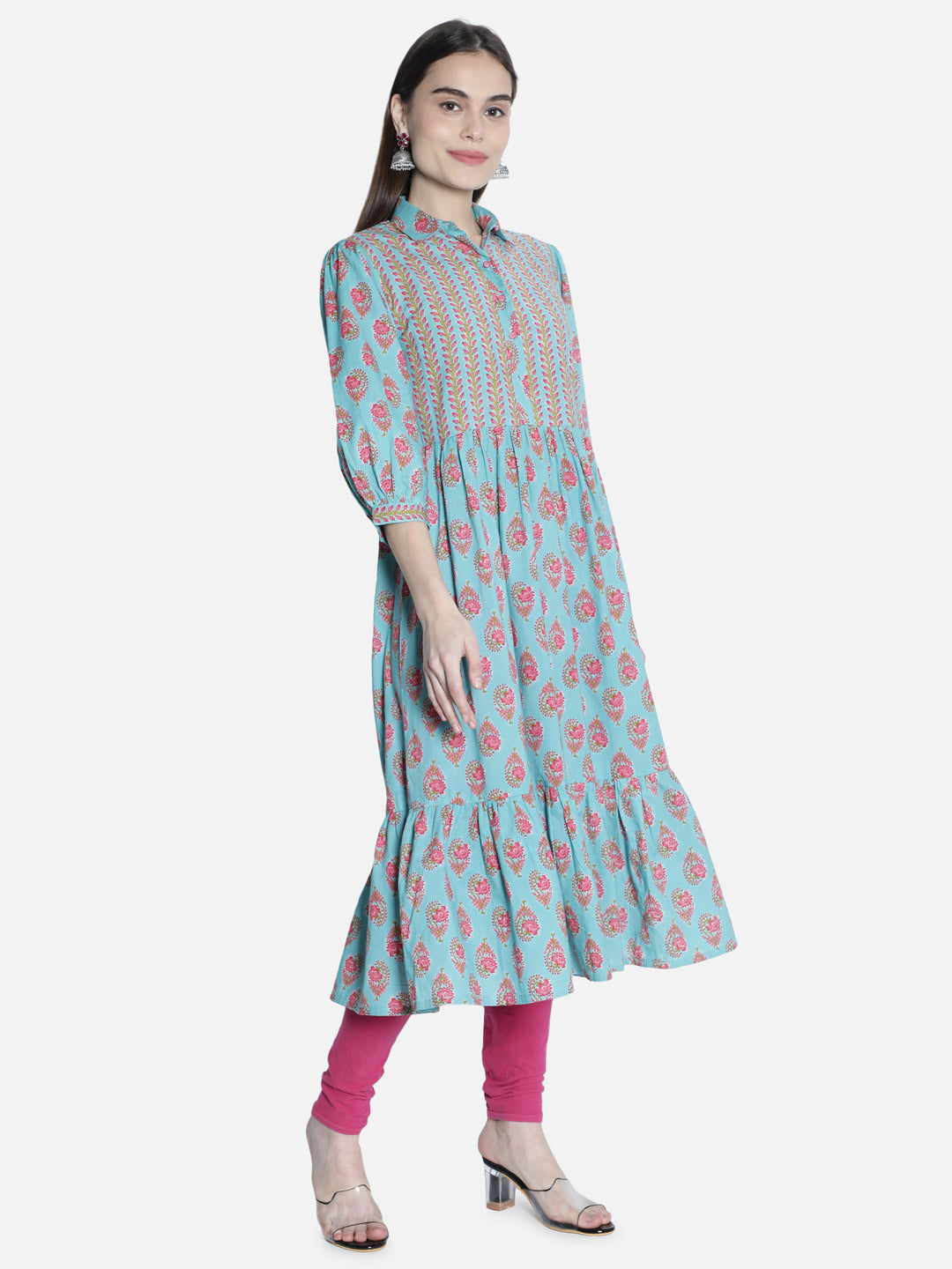 Women Blue And Pink Printed Kurti