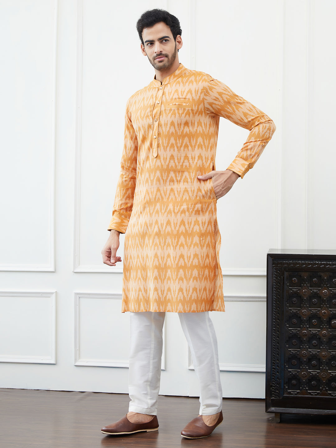 Riwaat.com Men Orange & Cream Printed Cotton Kurta Riwaat Printed