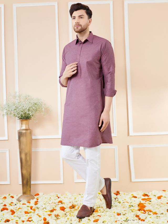 Men Purple Cotton Solid Pathani Kurta