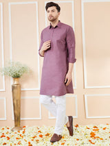 Men Purple Cotton Solid Pathani Kurta