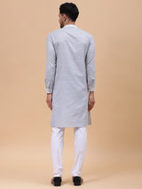 Men Grey Zari Work Silk Woven Design Straight Kurta With pyjama