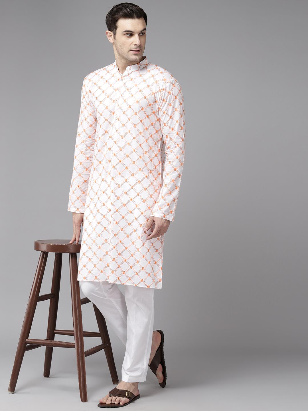 Men White with Orange Floral Pattern Pure Cotton Embroidered Straight Kurta With Pajama