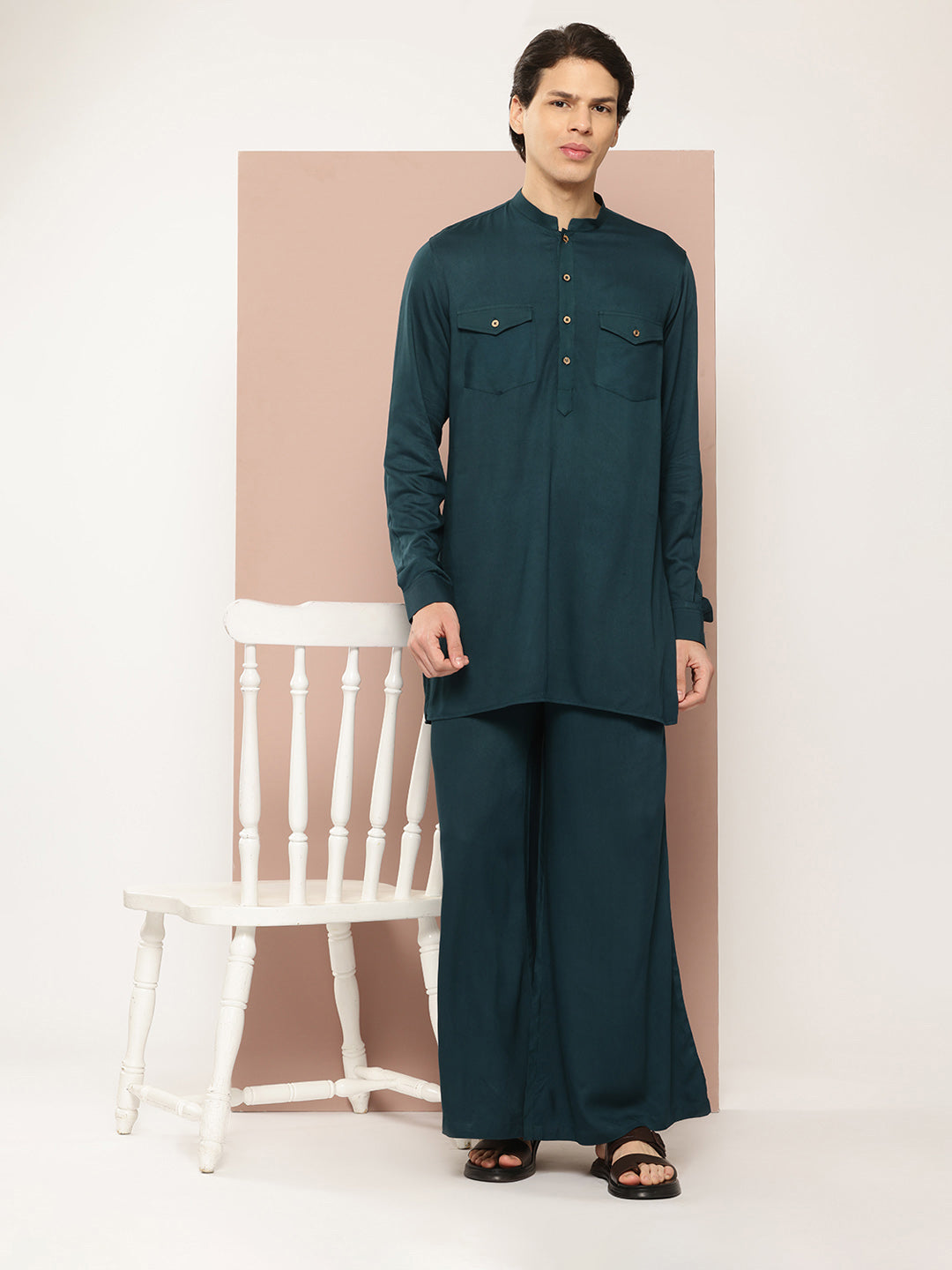 Men Green Rayon Solid Pathani Sets