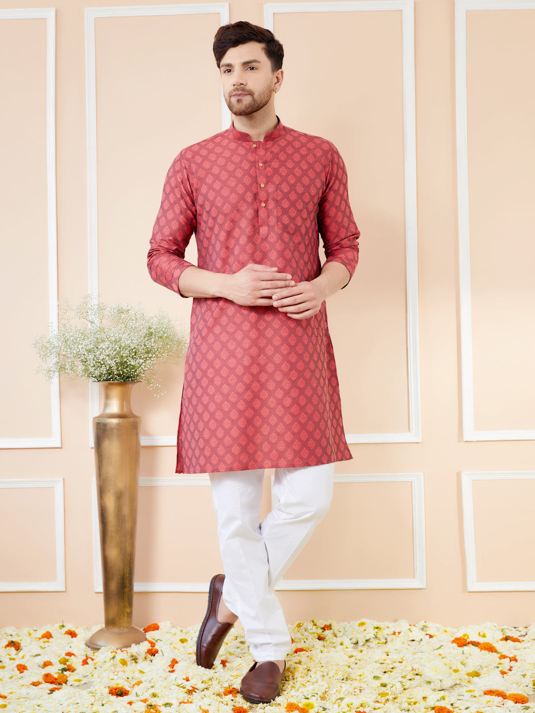 Red Ethnic Motifs Silk Jacquard Woven Design Straight Kurta