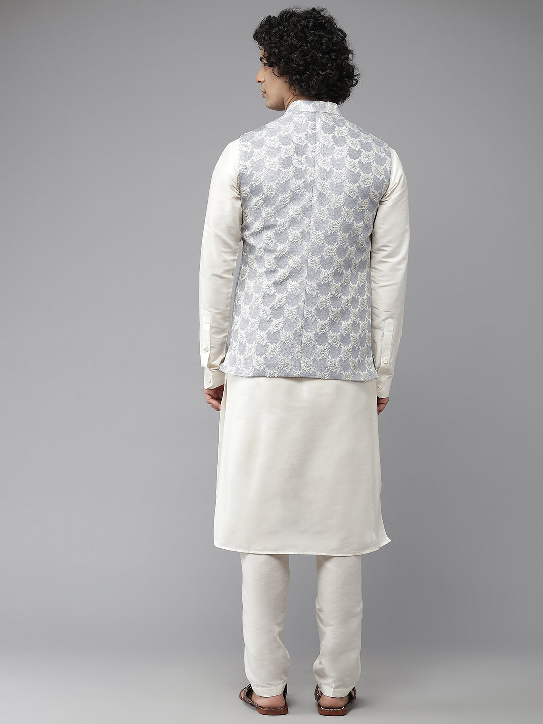 Riwaat.com Men White Solid Kurta Pajama With Silver Floret Nehru jacket Riwaat Indo Western