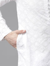Men White Pure Cotton Chikankari Embroidered Straight Kurta With Pyjama