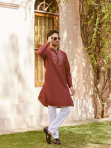 Men Maroon Cotton Silk Pintex Yoke Design Kurta With Pajama