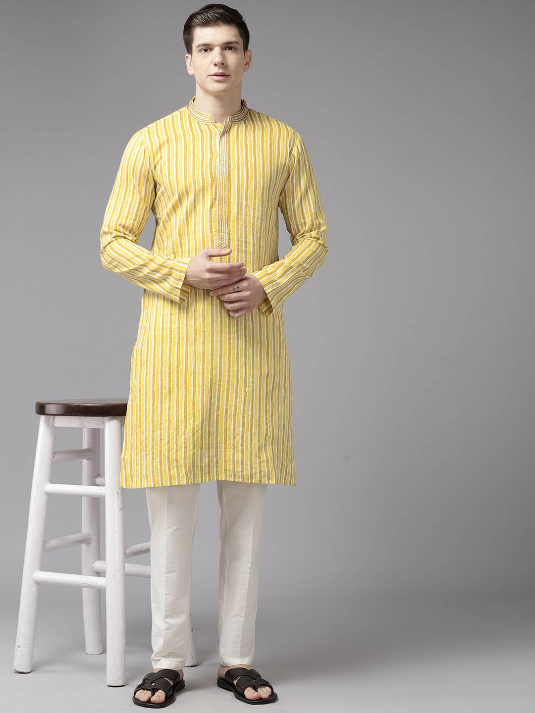 Men Gold & White Pure Cotton Embroidered Straight Kurta With Pajama