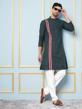 Men Green And White Weaving Design Kurta