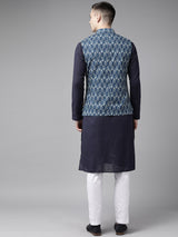 Men Blue Pure Cotton Kurta Pajama With Printed Nehru jacket