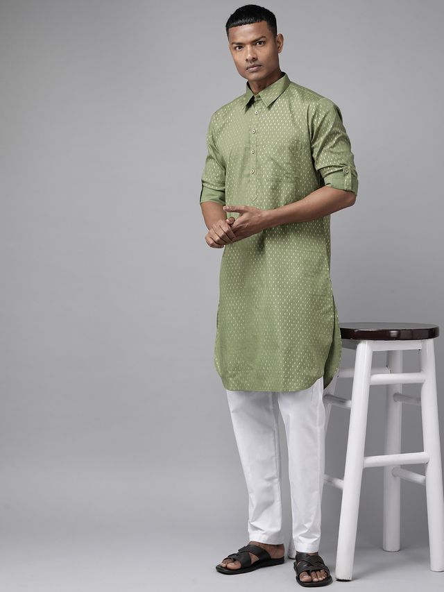 Men Olive Regular Pure Cotton Pathani Printed Men's Kurta With White Salwar