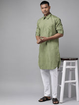 Men Olive Regular Pure Cotton Pathani Printed Men's Kurta With White Salwar