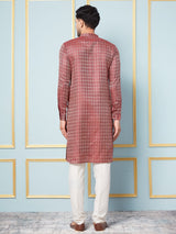 Men Burgundy & Gold Woven Design Thread Work Kurta With pyjama