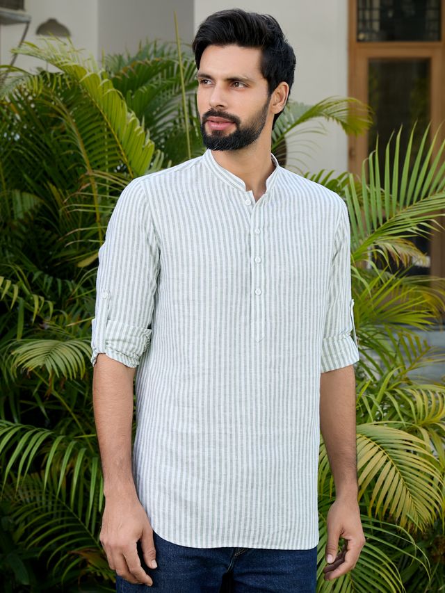 Green Woven Striped Cotton Short Kurta