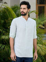 Green Woven Striped Cotton Short Kurta