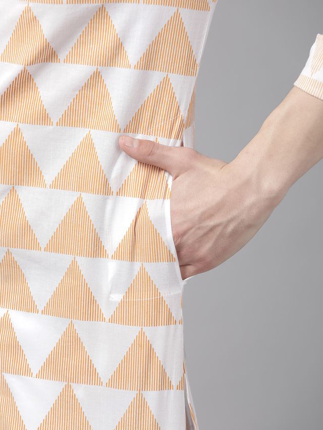 Men White & Yellow Stripe Printed Straight Kurta With Pyjama
