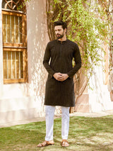 Men Black Cotton Pintex Design Thread Work Kurta With Pajama