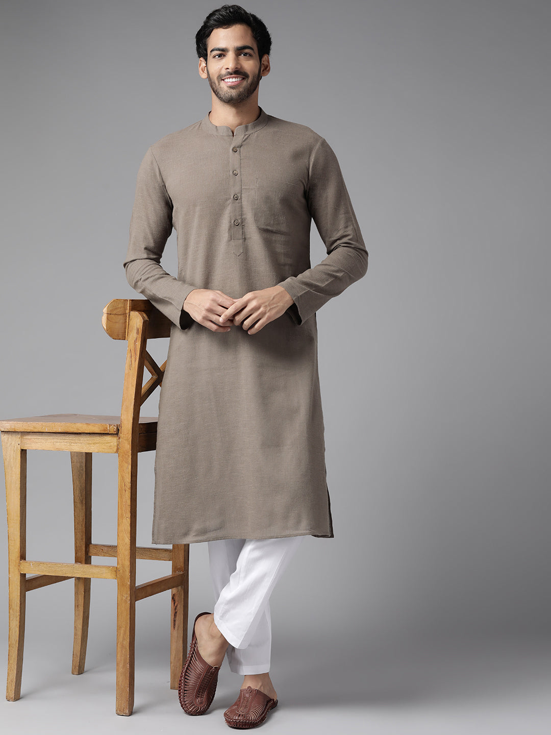 Men Brown Cotton Straight Kurta With Slub Effect