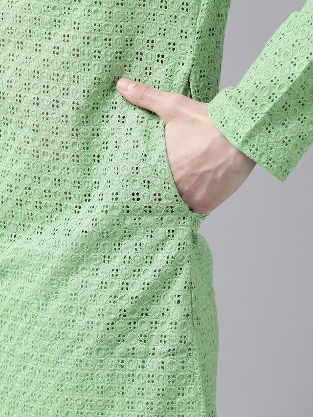 Men Green Pure Cotton Chikankari Embroidered Straight Kurta With Pyjama