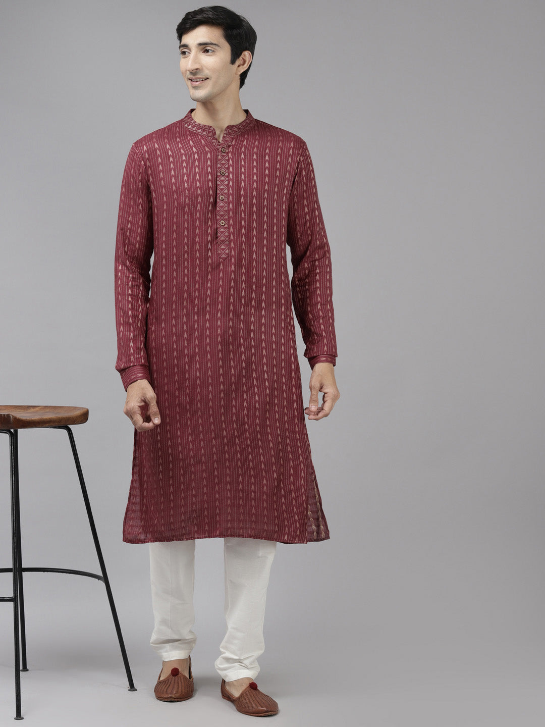 Men Burgundy & Beige Woven Design Thread Work Kurta