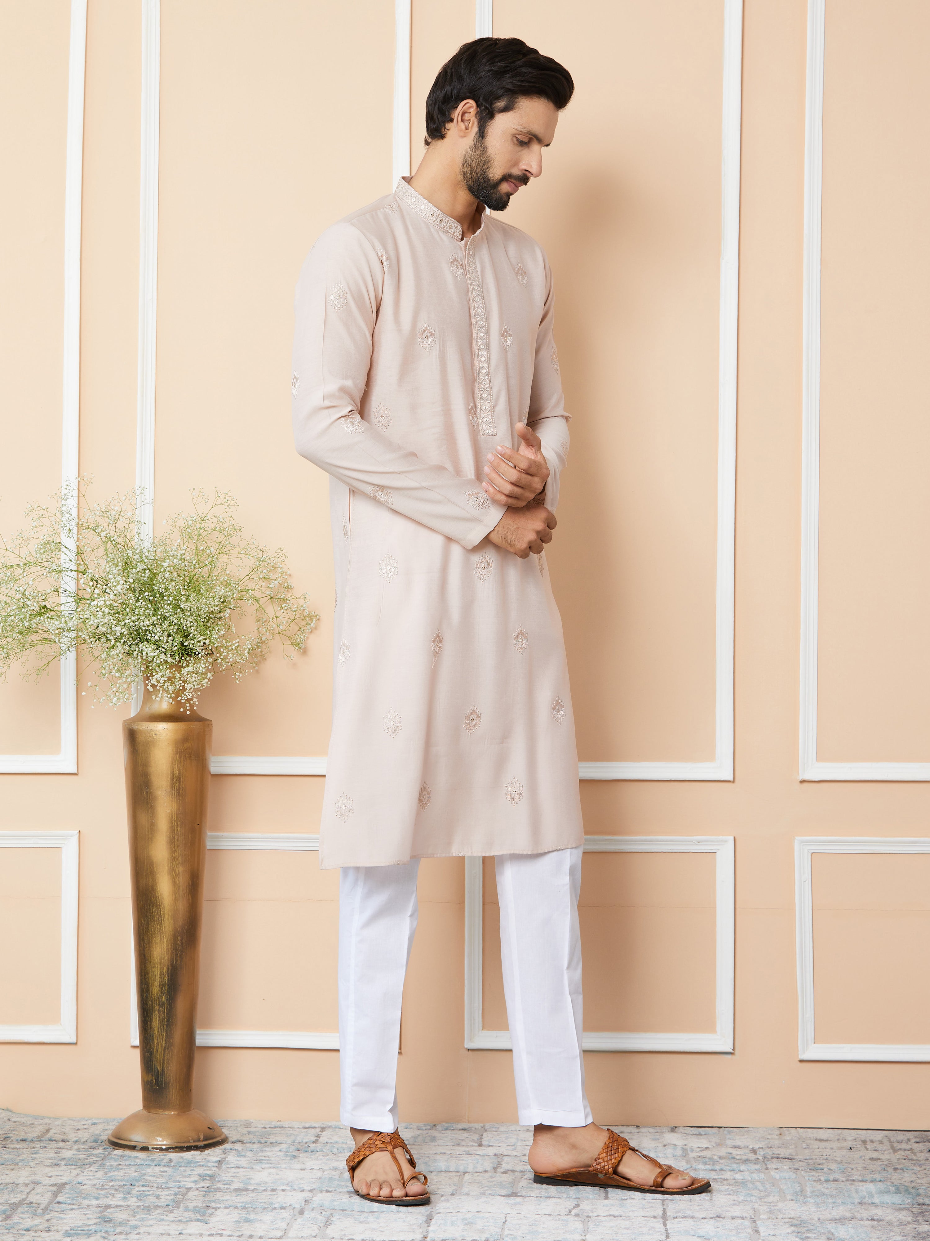 Light Classic Rose Embroidered Pure Chanderi Silk Straight Kurta