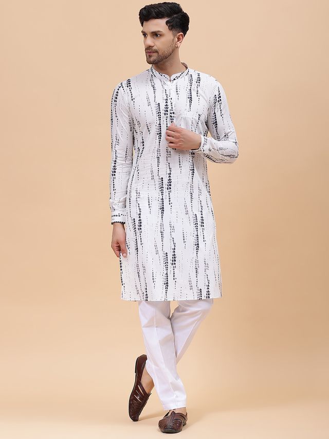 Men Grey & White Pure Cotton Printed Straight Kurta With pyjama