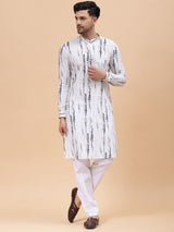 Men Grey & White Pure Cotton Printed Straight Kurta With pyjama