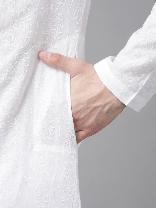 Men White Pure Cotton Chikankari Embroidered Straight Kurta With Pyjama