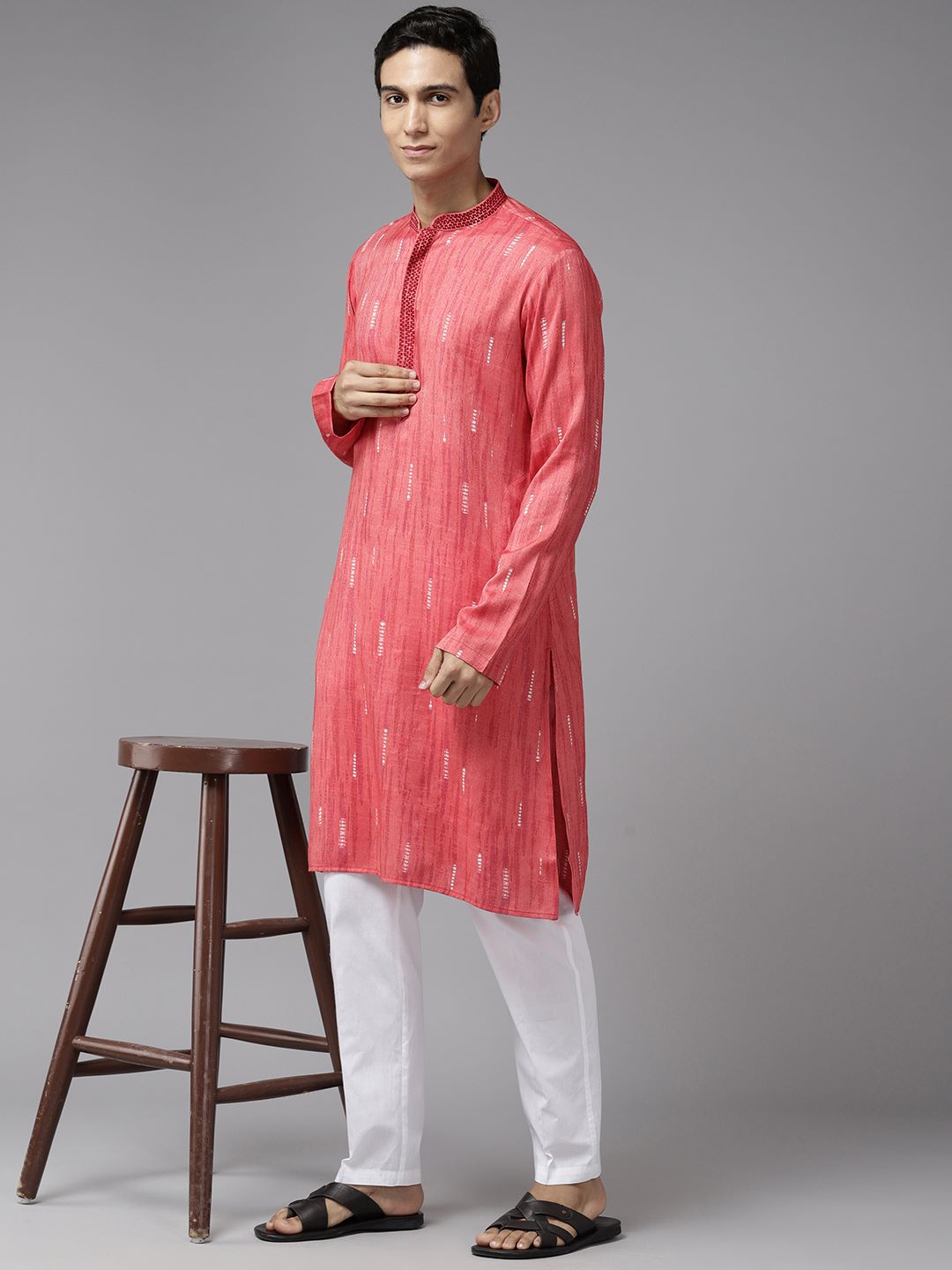 Men Crimson Red with Subtle White Accents Silk Woven Design Straight Kurta With Pajama