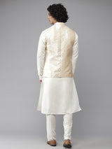 Riwaat.com Men White Solid Kurta Pajama With Champagne Delicacy Nehru jacket Riwaat Indo Western