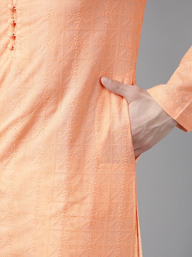 Men Peach Pure Cotton Chikankari Embroidered Straight Kurta With Pyjama