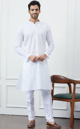 Men White Cotton Kurta With Silver Thread Work