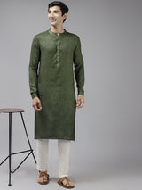 Men Green & Beige Toned Woven Design Thread Work Kurta