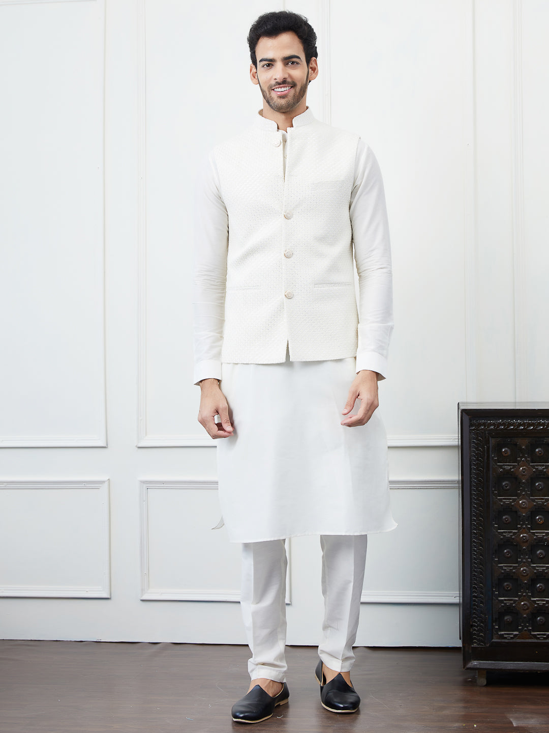 Men Off White Color Woven Design Embroidery With Sequence Cotton Nehru Jacket