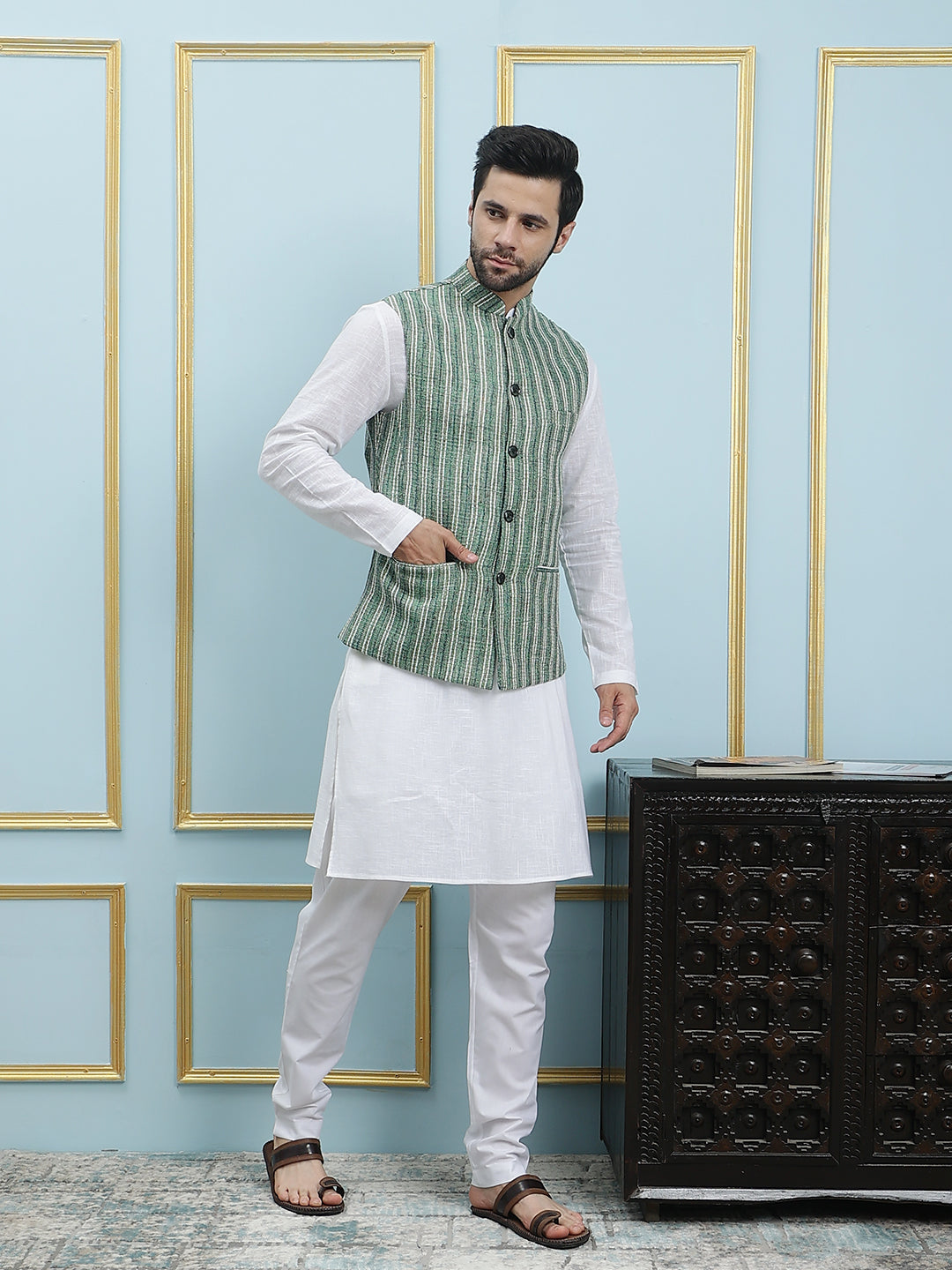 Men Emerald Color Khadi Nehru Jacket