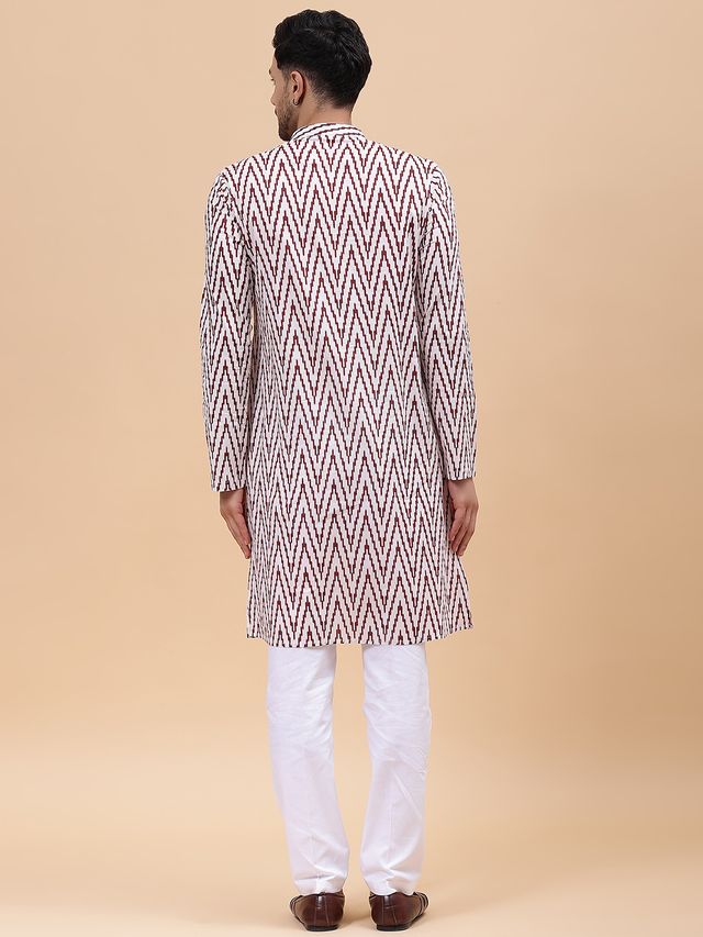 Men Off White & Maroon Pure Cotton Printed Straight Kurta With pyjama