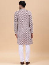Men Off White & Maroon Pure Cotton Printed Straight Kurta With pyjama