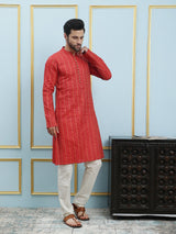 Riwaat.com Men Red & Gold Thread Work Cotton Silk Kurta Riwaat Embroidered